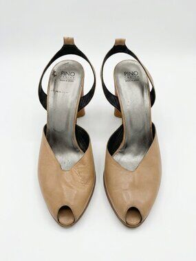 PINO  CARINA -  Nude Leather Peep-Toe Slingback Block Heels – Size 39